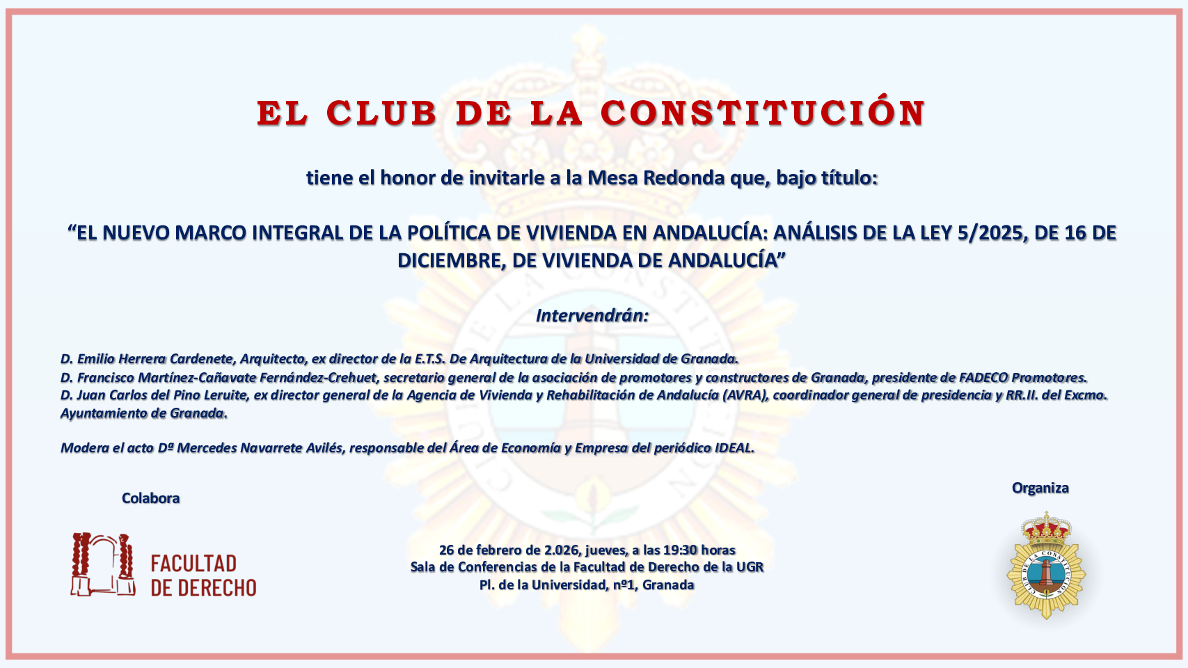 INVITACIÓN MESA REDONDA El nuevo marco integral de la política de vivienda en Andalucía Análisis de la Ley 5 2025, de 16 de diciembre de Vivienda de AndalucíaV2